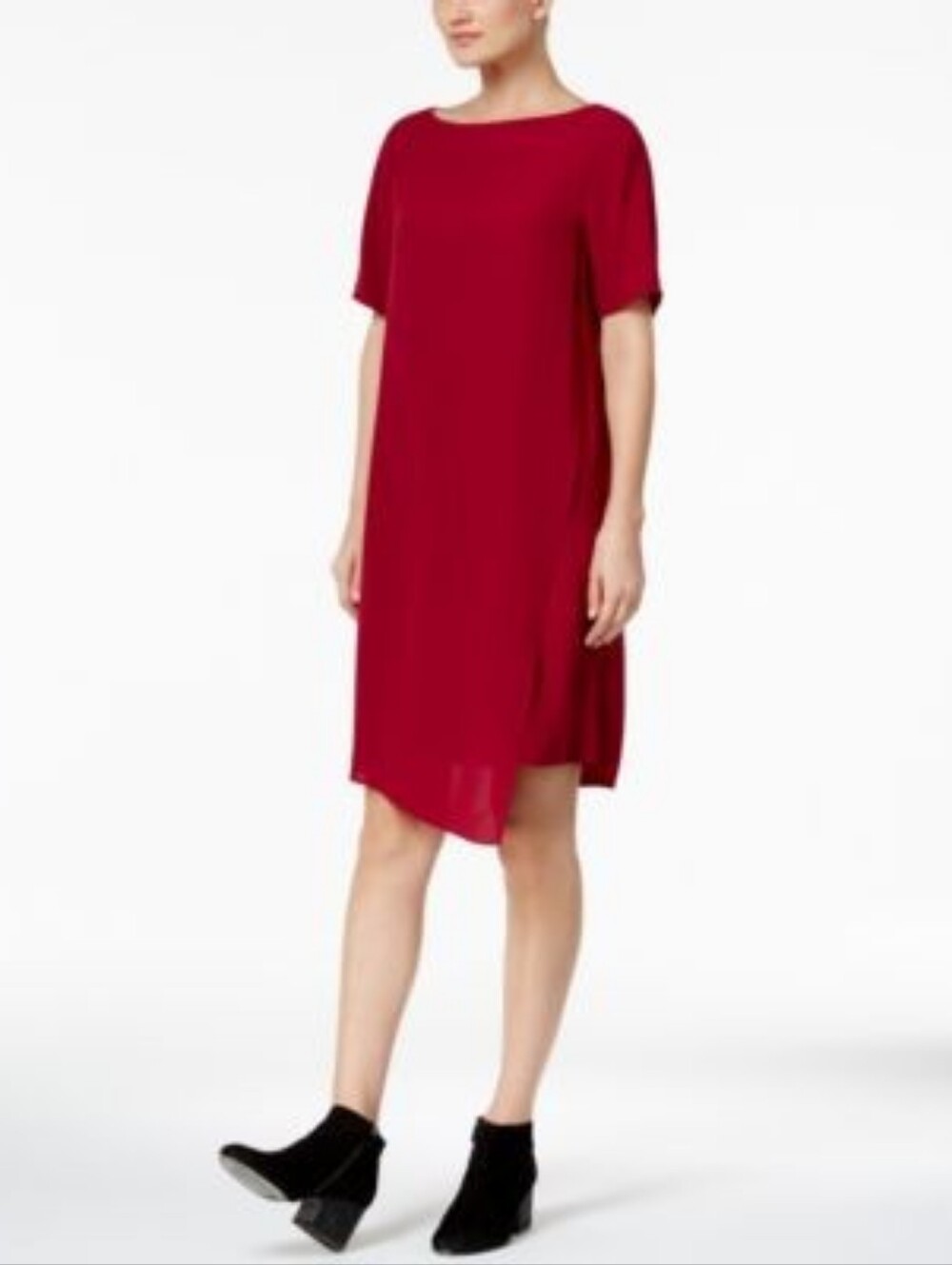 Eileen Fisher 100% Silk Crepe Georgette Asymmetrical Midi Dress PM Quiet Luxury